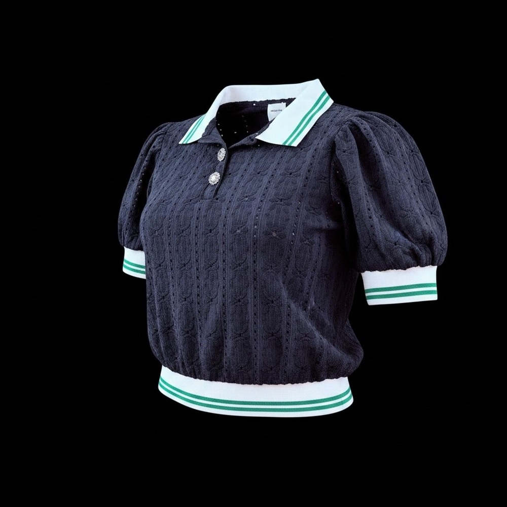 Maeve Puff Sleeve Navy Knit Polo Top with White & Green Trim